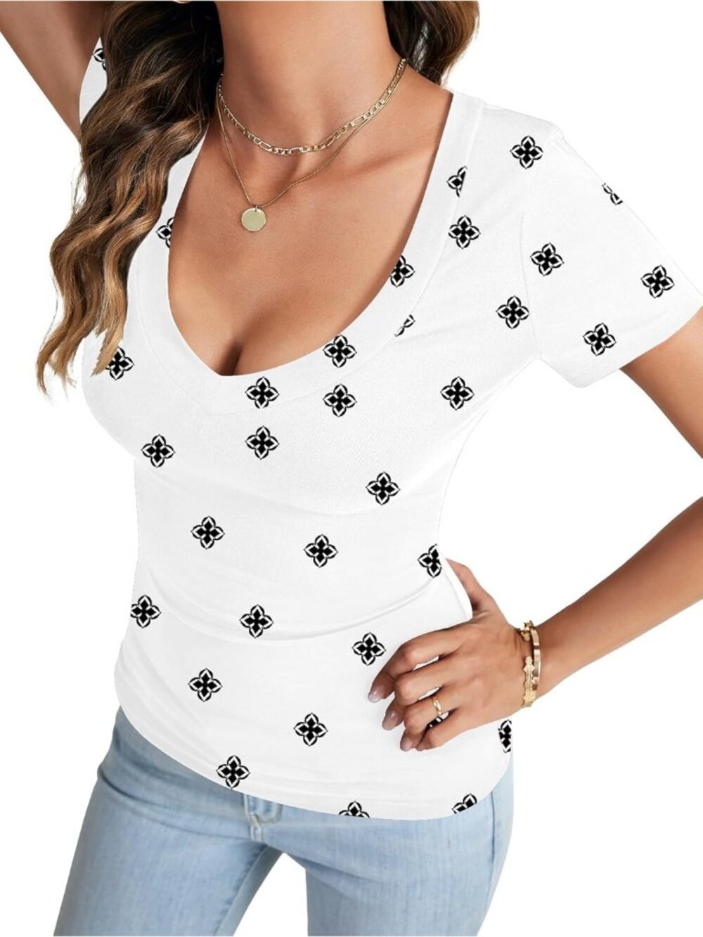 Women's Rhombus Deep V Neck Low Cut Short Sleeve Slim Fit Basic Summer T Shirts